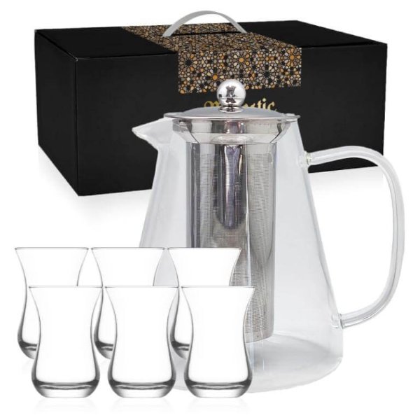 סט תה מעוצב מזכוכית עם קנקן חליטה וכוסות אוריינטליות באריזת מתנה